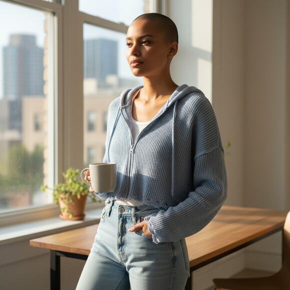 Urban Outfitters Sweaters - UO Urban Outfitters Blue Distressed Cropped Crop Zip Hooded Cardigan Sweater S